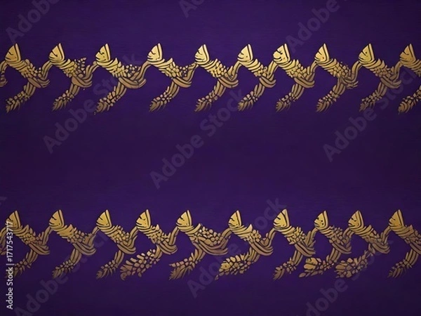 Fototapeta An abstract, decorative pattern with two horizontal golden, ornate borders on a deep purple background.