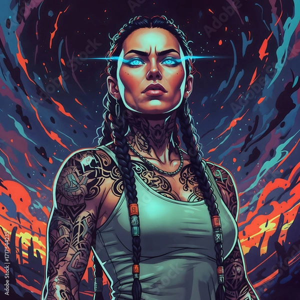 Obraz Feminine figure. The image is a vibrant, colorful illustration featuring a tattooed character in a futuristic, sci-fi setting with bright, neon lights.