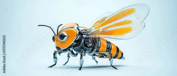 Fototapeta A futuristic robotic bee showcasing intricate metallic features and vibrant orange and black color patterns on a soft backdrop.