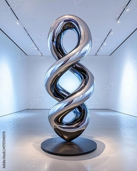 Fototapeta A stunning modern sculpture featuring intertwined metallic forms, reflecting light beautifully in a minimalist art gallery.