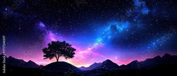 Fototapeta A mesmerizing landscape showcasing a vibrant night sky filled with stars and a silhouetted tree against colorful cosmic hues.