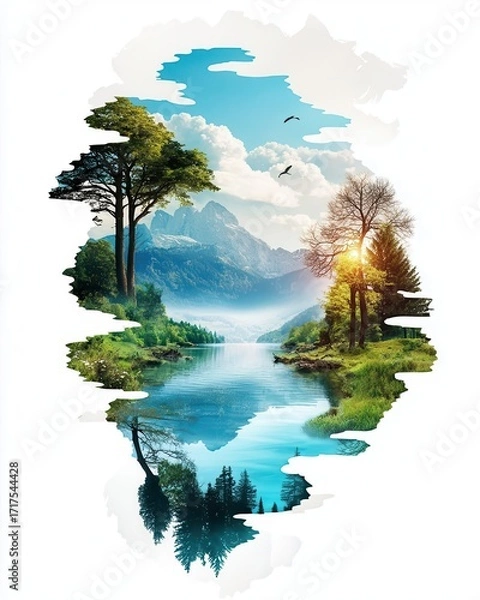 Fototapeta Beautiful landscape with mountains, trees, and a serene lake, perfect for nature lovers and outdoor enthusiasts.