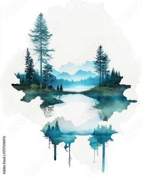 Fototapeta A serene landscape featuring majestic trees, mountains, and a tranquil lake, capturing the beauty of nature in stunning watercolors.
