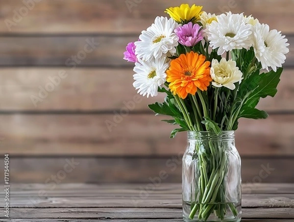 Fototapeta A vibrant bouquet of assorted flowers in a clear jar, perfect for adding beauty to any space.