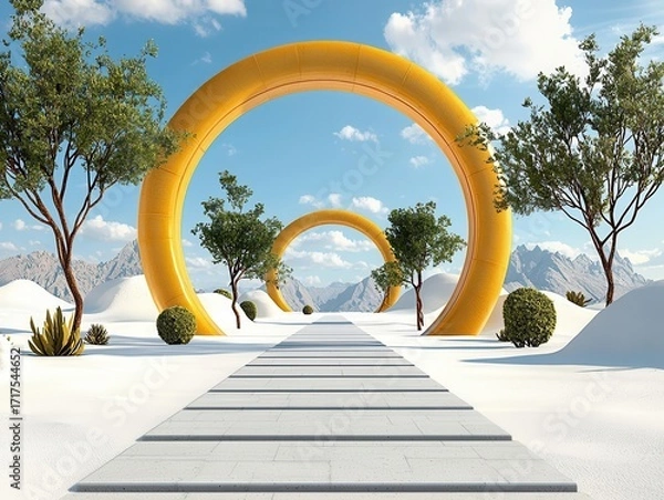 Fototapeta A serene pathway featuring vibrant yellow arches surrounded by greenery under a bright blue sky.