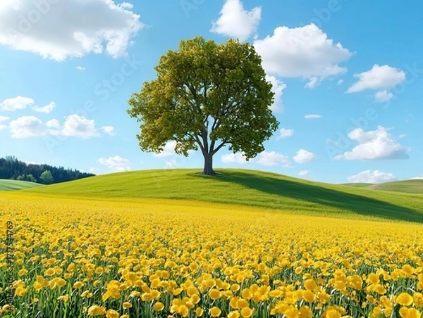 Fototapeta A vibrant landscape featuring a single tree amidst a sea of yellow flowers under a bright blue sky with fluffy clouds.