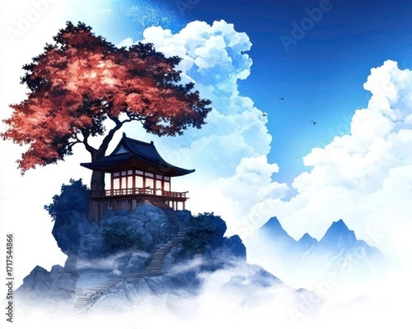 Fototapeta A serene landscape featuring a tranquil pagoda nestled among clouds and a vibrant autumn tree, evoking peace and harmony.