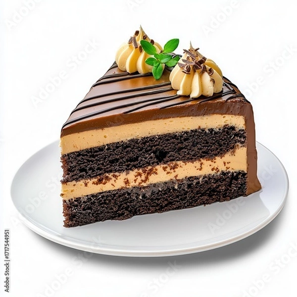 Fototapeta Delicious chocolate cake slice with creamy layers and decorative toppings, served on a white plate, perfect for dessert lovers.