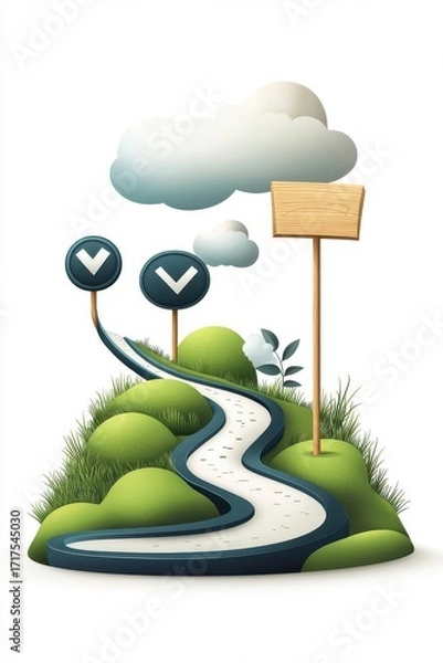 Fototapeta Colorful landscape featuring a winding road, directional signs, clouds, and green hills. Ideal for nature and travel themes.