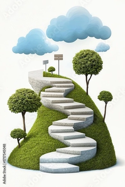 Fototapeta A whimsical landscape featuring a winding staircase through lush greenery under bright clouds, symbolizing a journey or aspiration.
