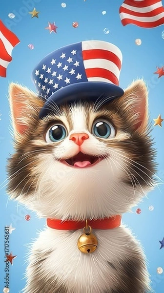 Fototapeta A cheerful kitten wearing a patriotic hat, celebrating freedom with colorful decorations and American flags in the background.