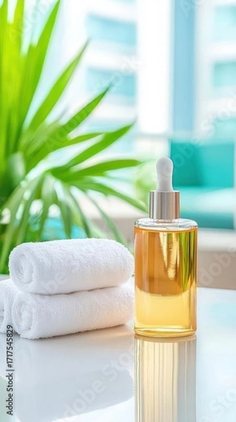 Fototapeta A serene image showcasing a glass dropper bottle filled with oil, accompanied by rolled towels and tropical greenery in the background.