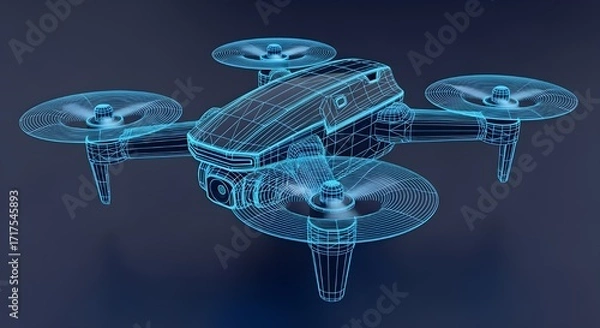 Fototapeta Blue Wireframe Quadcopter Drone with Camera and Rotors on Dark Surface aerial vehicle