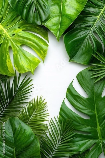 Fototapeta A vibrant arrangement of tropical leaves creating a lush green frame on a soft white background.