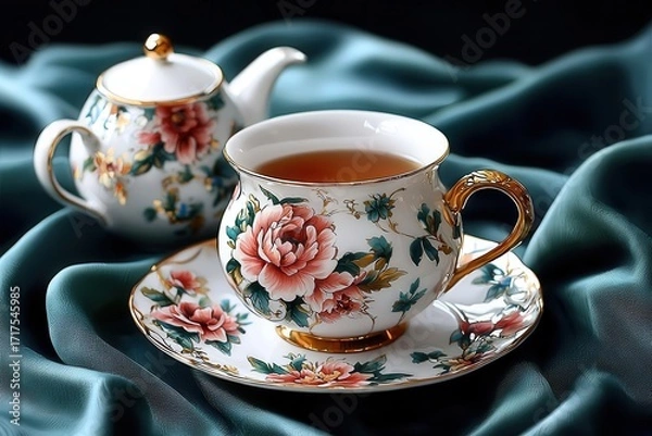Fototapeta Elegant tea set featuring a floral teacup and teapot on a luxurious silk background, perfect for tea lovers and gatherings.