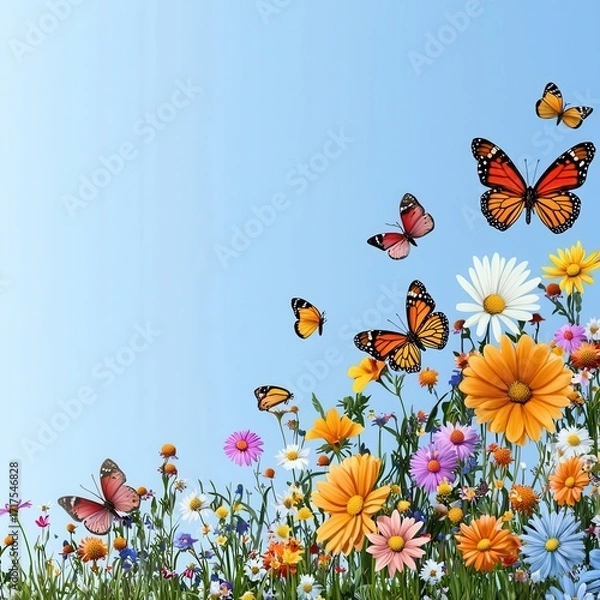 Fototapeta A vibrant spring landscape featuring colorful flowers and butterflies dancing in a clear blue sky, perfect for nature enthusiasts.