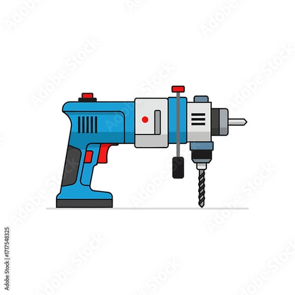 Fototapeta Illustration of a blue and gray electric drill with a black handle and a drill bit.