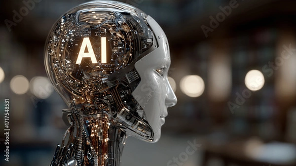 Fototapeta Futuristic humanoid robot with illuminated AI letters inside transparent head, symbolizing artificial intelligence and technology 