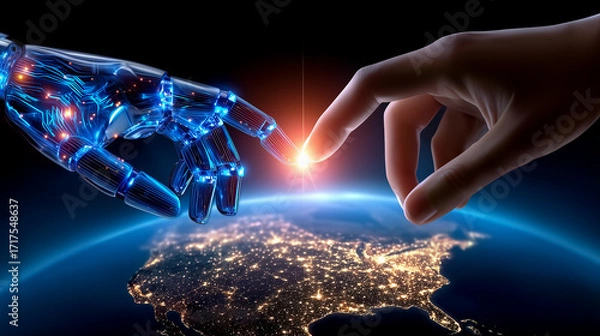 Fototapeta Human hand touching robotic hand with glowing light above Earth, symbolizing technology, AI and human connection 