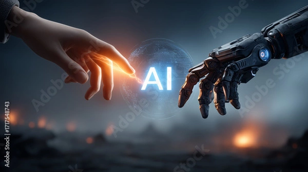 Fototapeta Futuristic concept of human hand touching robotic hand with glowing AI text and digital sphere in background 