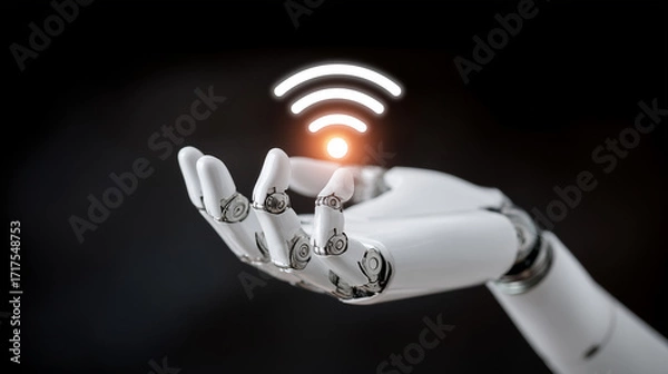 Fototapeta Futuristic robotic hand holding glowing WiFi symbol on dark background representing artificial intelligence and digital connectivity 