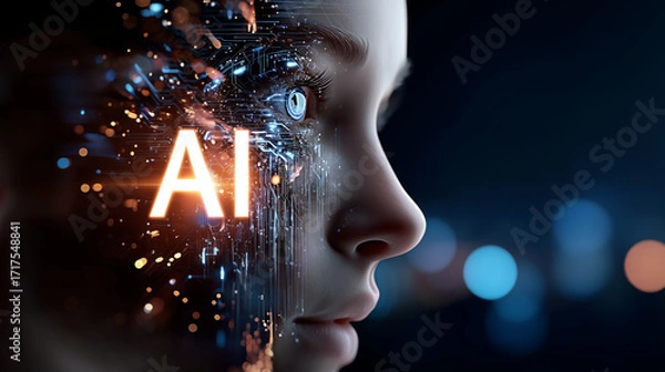 Fototapeta Futuristic close-up of human face blended with digital circuits and glowing AI text symbolizing artificial intelligence and technology 
