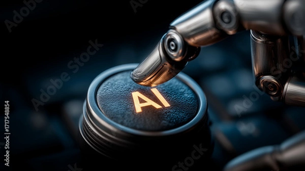 Fototapeta Close-up of robotic finger pressing glowing AI button on keyboard representing artificial intelligence technology and automation 