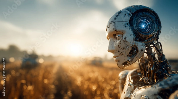 Fototapeta Futuristic humanoid robot standing in golden field at sunrise representing artificial intelligence, robotics, and technology in nature 