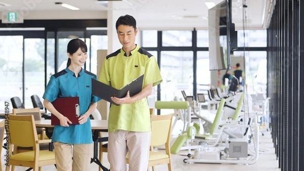 Obraz 介護施設内で歩くアジア人介護士