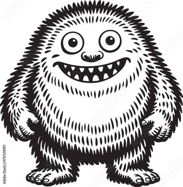Fototapeta Black and white woodcut style illustration of friendly monster character with spiky fur, wide grin, and round body in vintage linocut print art
