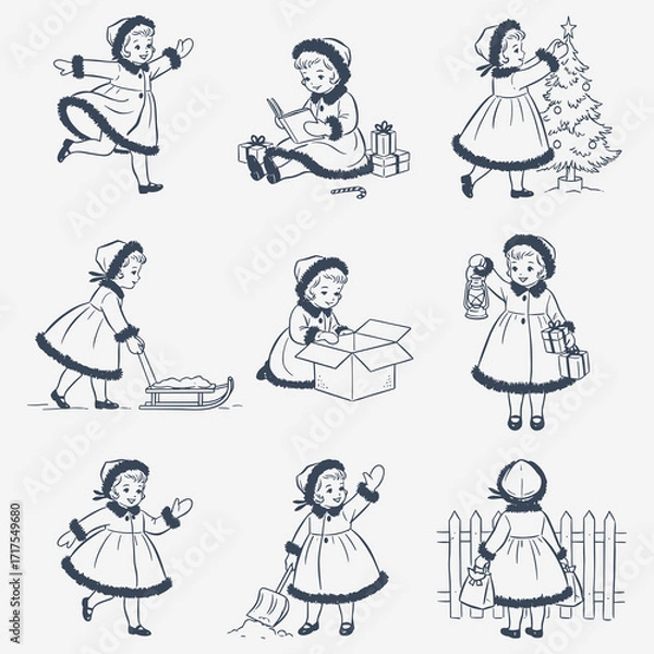 Fototapeta Set of vintage Christmas illustrations of a girl in winter coat doing holiday activities like decorating, shoveling snow, and gift wrapping
