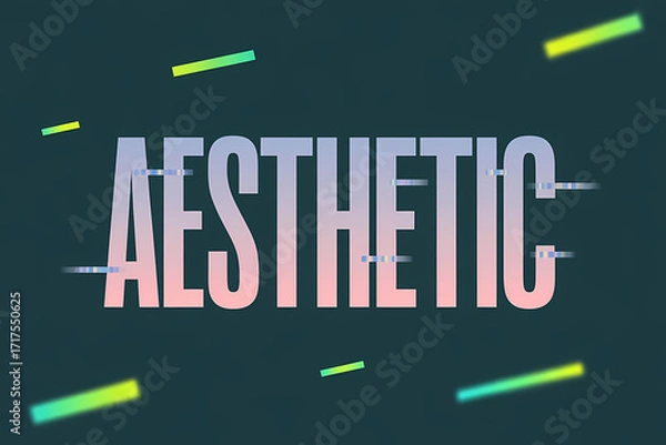Fototapeta Bold "Aesthetic" typography with pastel gradients, glitch effects, and holographic sparkles on dark teal