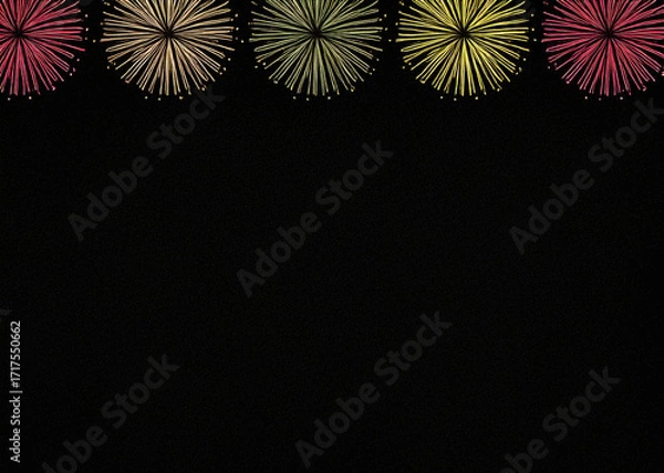 Fototapeta New Year background, dark sky with glowing fireworks only at top edge, wide empty space below
