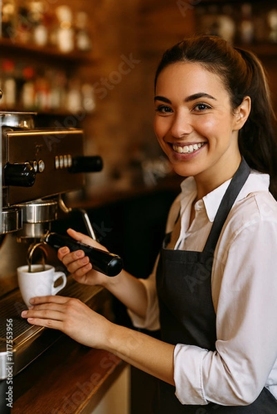 Fototapeta smiling waitress preparing an expresso AI generated