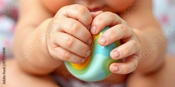 Fototapeta Tiny hands grasping a rattle, soft skin and curled toes,  little,  helpless