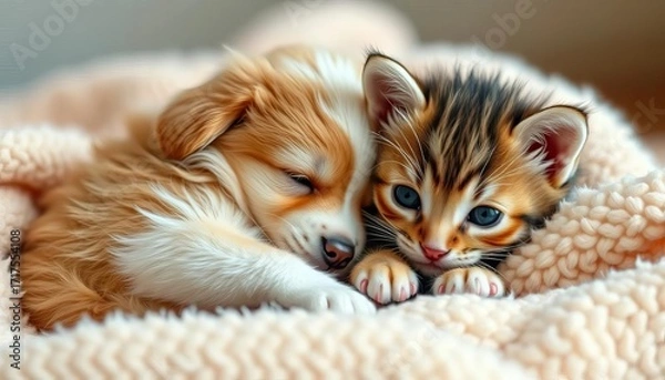 Fototapeta Fluffy puppy and kitten cuddling together on a soft blanket, cute, nap