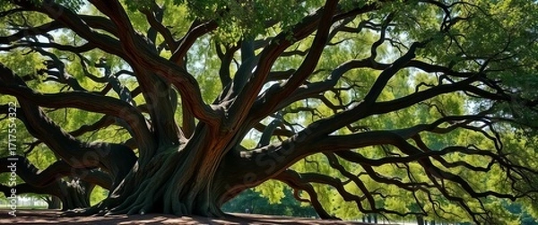 Fototapeta Ancient oak tree, sprawling branches offering dappled shade,  background,  majestic