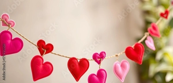 Fototapeta A vibrant garland of intertwined red and pink felt hearts, strung on twine,   festive decor,  craft