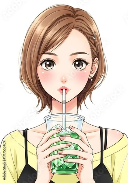 Obraz アニメ風女性イラスト緑茶トリンクを楽しむ可愛い女の子