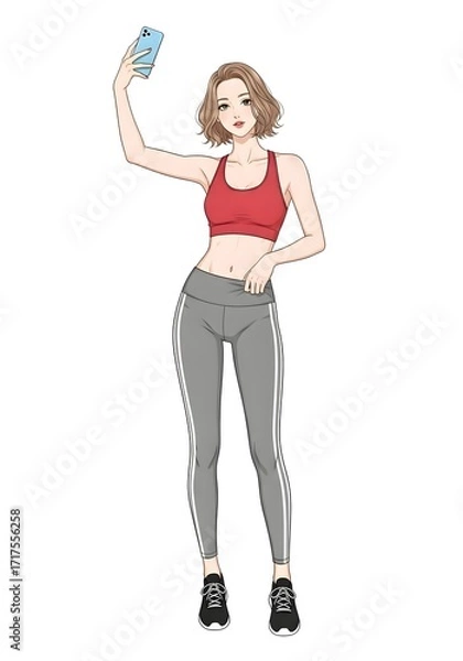 Obraz フィットネスウェアの女性セルフィー写真