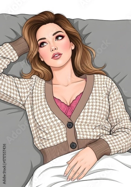 Obraz 女性のイラストヘットの上のリラックスした女性