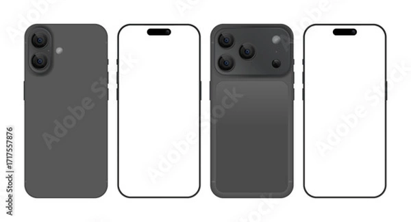 Fototapeta Modern Smartphone Mockup Set – Realistic 3D Mobile Phones Front and Back with Dual and Triple Camera in Black Color Vector Illustration