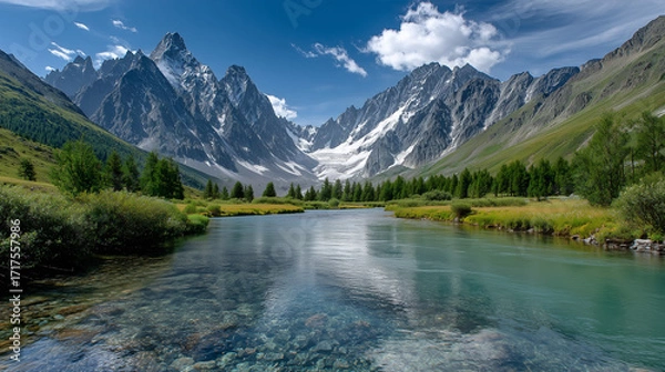 Fototapeta A crystal-clear river winds through a lush green valley, its transparent waters revealing smooth stones beneath the surface. Vibrant meadows and dense trees line the riverbanks, while towering jagged 
