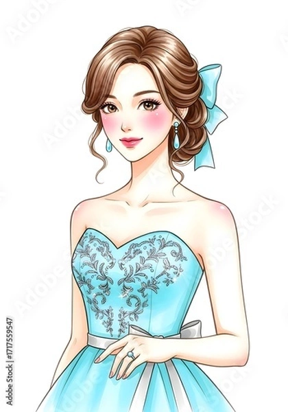 Obraz 青いトレスの美しい女性のイラストファッションとスタイルのインスヒレーション