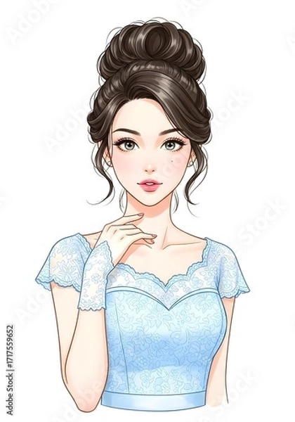 Obraz 青いトレスの美しい女性のイラストファッションとヘアスタイル