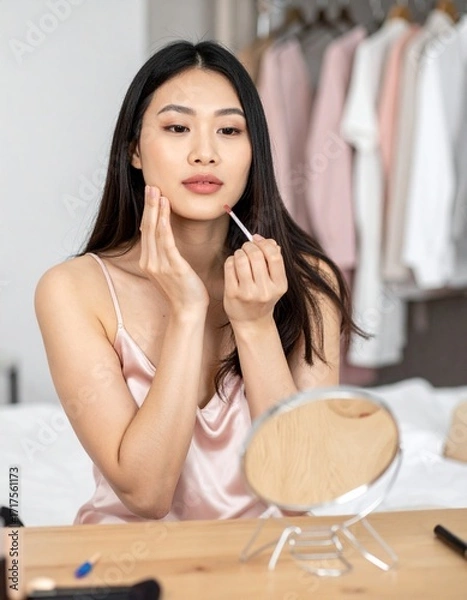 Fototapeta stylish young lady in satin putting on makeup in front of the mirror AI generated
