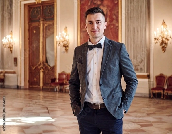 Fototapeta handsome man in a stylish formal suit, bow tie, in a luxurious baroque hall, AI generated