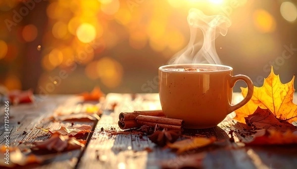 Fototapeta Hot autumn drink with cinnamon and fall leaves