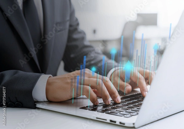 Obraz Business Growth Metrics, Laptop drives upward data—strategy, progress, and performance.