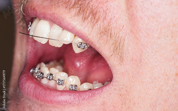 Obraz Man with dental braces, upper wire is damaged and loose, closeup detail to open mouth